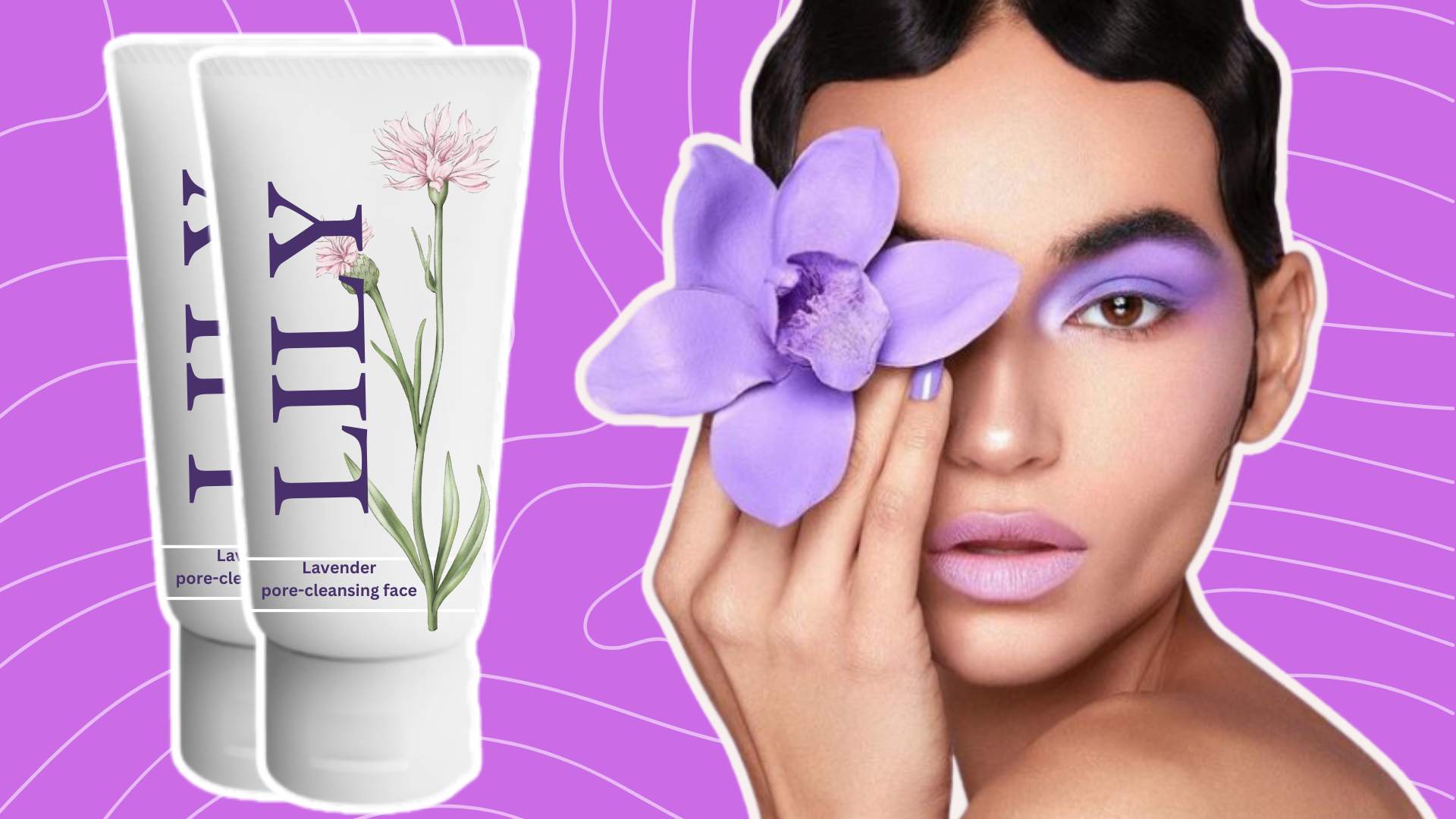 This image contains a girl holding lily flower near her eyes along with a product called Lily face wash